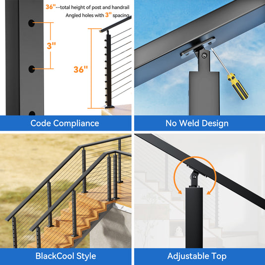 Fulifix Cable Railing Stair Post, 36"x2"x2", 30° Angled Hole, T316 Stainless Steel Black Post for 25-35 Degrees Stairway Deck Railing, SP03