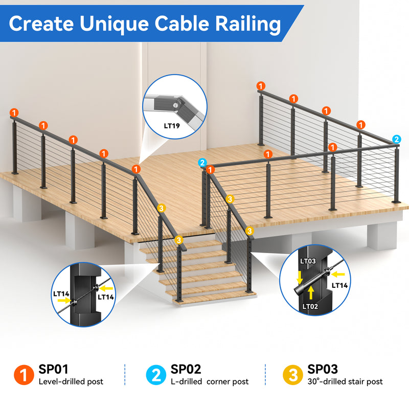 Load image into Gallery viewer, Fulifix Cable Railing Stair Post, 36&quot;x2&quot;x2&quot;, 30° Angled Hole, T316 Stainless Steel Black Post for 25-35 Degrees Stairway Deck Railing, SP03
