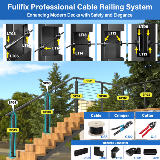 Fulifix Cable Railing Stair Post, 36"x2"x2", 30° Angled Hole, T316 Stainless Steel Black Post for 25-35 Degrees Stairway Deck Railing, SP03