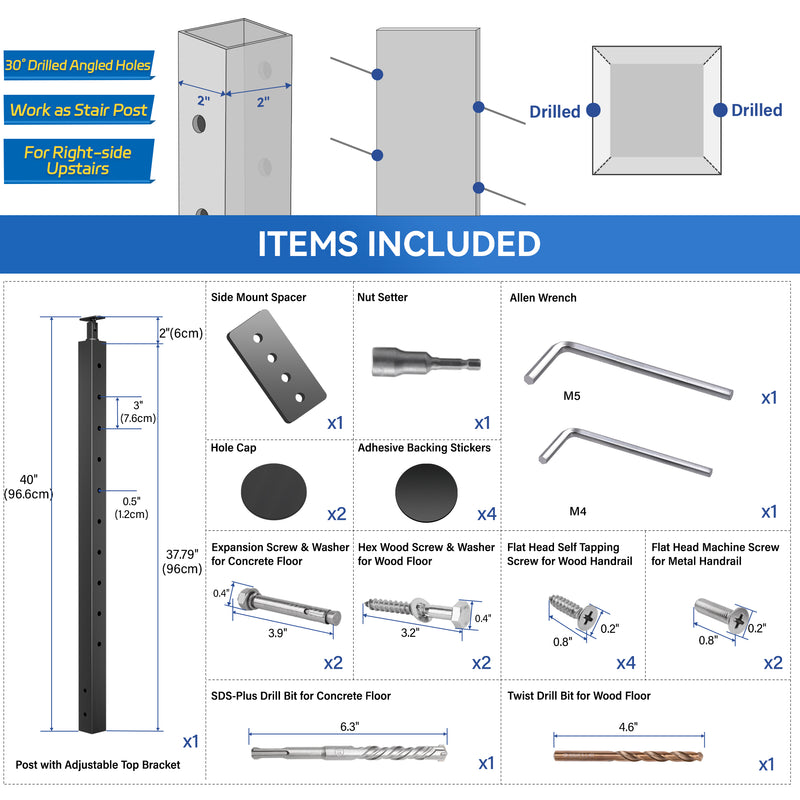 Load image into Gallery viewer, Fulifix Side Mount Stair Post, 36&quot;x2&quot;x2&quot;, 30° Angled Hole, T316 Stainless Steel Black Post for 25-35° Right-Side Upstairs Deck Cable Railing, SP05
