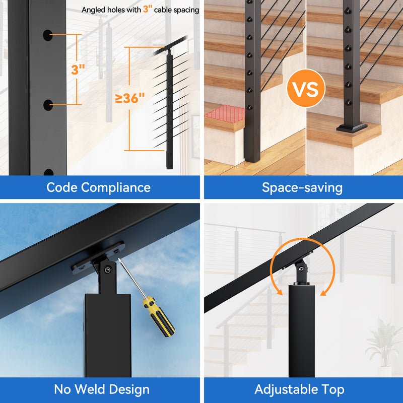 Load image into Gallery viewer, Fulifix Side Mount Stair Post, 36&quot;x2&quot;x2&quot;, 30° Angled Hole, T316 Stainless Steel Black Post for 25-35° Right-Side Upstairs Deck Cable Railing, SP05
