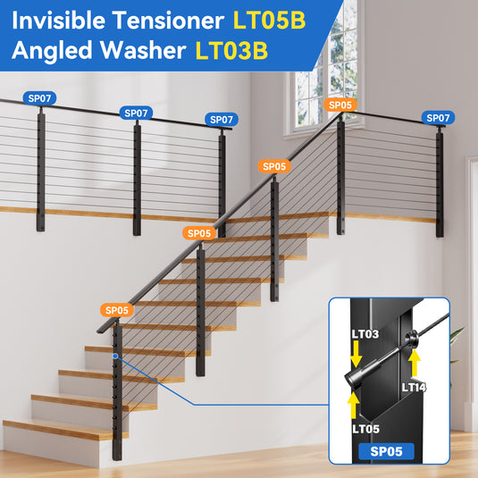 Fulifix Side Mount Stair Post, 36"x2"x2", 30° Angled Hole, T316 Stainless Steel Black Post for 25-35° Right-Side Upstairs Deck Cable Railing, SP05