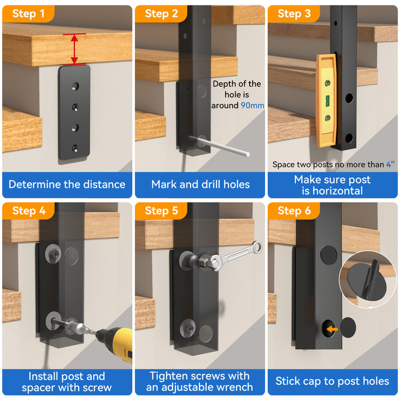 Load image into Gallery viewer, Fulifix Side Mount Stair Post, 36&quot;x2&quot;x2&quot;, 30° Angled Hole, T316 Stainless Steel Black Post for 25-35° Right-Side Upstairs Deck Cable Railing, SP05
