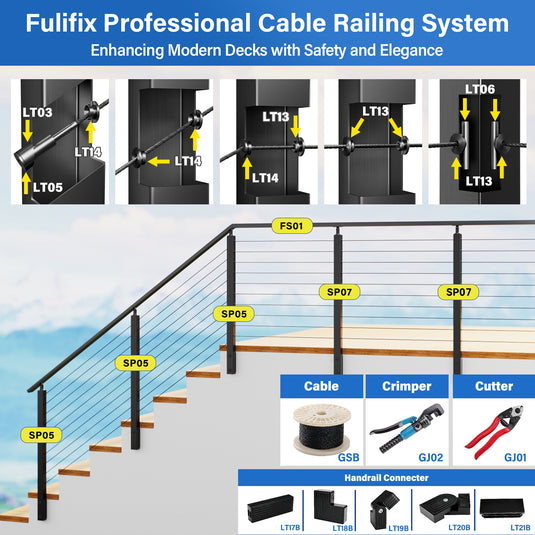 Fulifix Side Mount Stair Post, 36"x2"x2", 30° Angled Hole, T316 Stainless Steel Black Post for 25-35° Right-Side Upstairs Deck Cable Railing, SP05