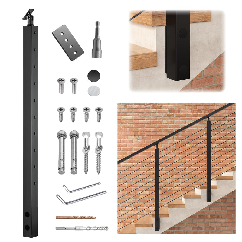 Load image into Gallery viewer, Fulifix Side Mount Stair Post, 36&quot;x2&quot;x2&quot;, 30° Angled Hole, T316 Stainless Steel Black Post for 25-35° Right-Side Upstairs Deck Cable Railing, SP05
