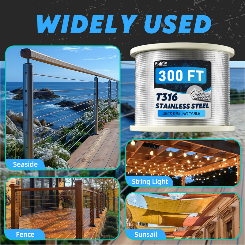 Load image into Gallery viewer, Fulifix 1/8&quot; Stainless Steel Cable, 300 ft T316 Railing Wire Rope, 1,950 lb Breaking Strength, 7 x 7 Strands, Cable Railing with Cutter, Model GS
