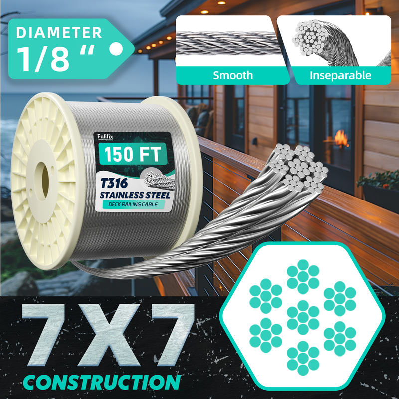 Load image into Gallery viewer, Fulifix 1/8&quot; Stainless Steel Cable, 150 ft T316 Railing Wire Rope, 1,950 lb Breaking Strength, 7 x 7 Strands, Cable Railing with Cutter, Model GS
